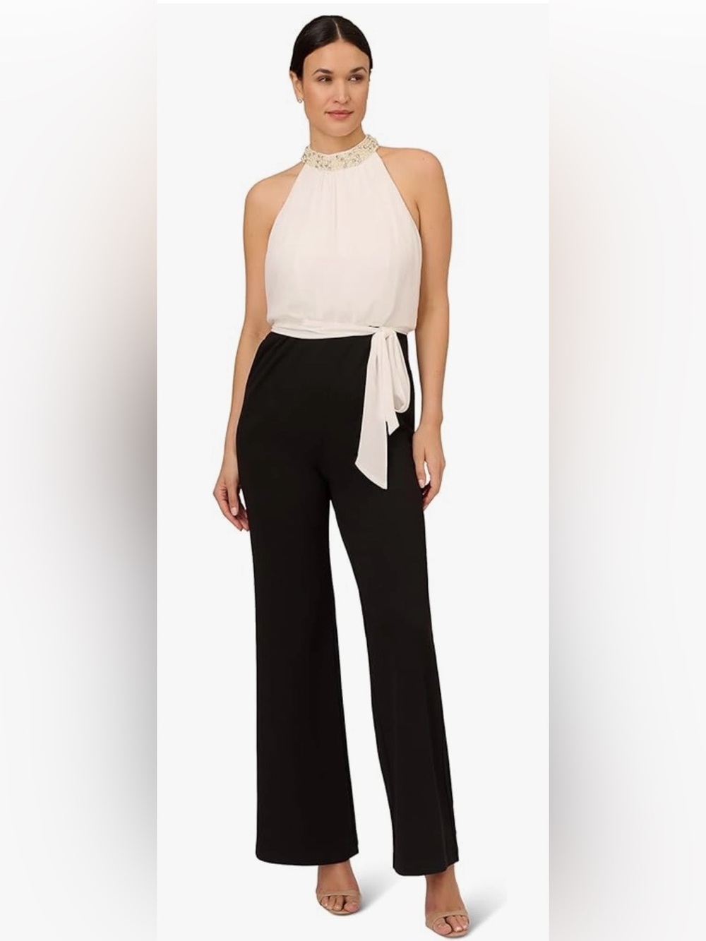 Adrianna Papell Pearl Chiffon Crepe Halter Jumpsuit with Black Wide Leg Pants 16